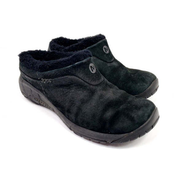 Merrell Shoes - Merrell Encore Q2 Ice Womens Sz 9 Black Leather Slip On Faux Fur Mule Clog Shoes